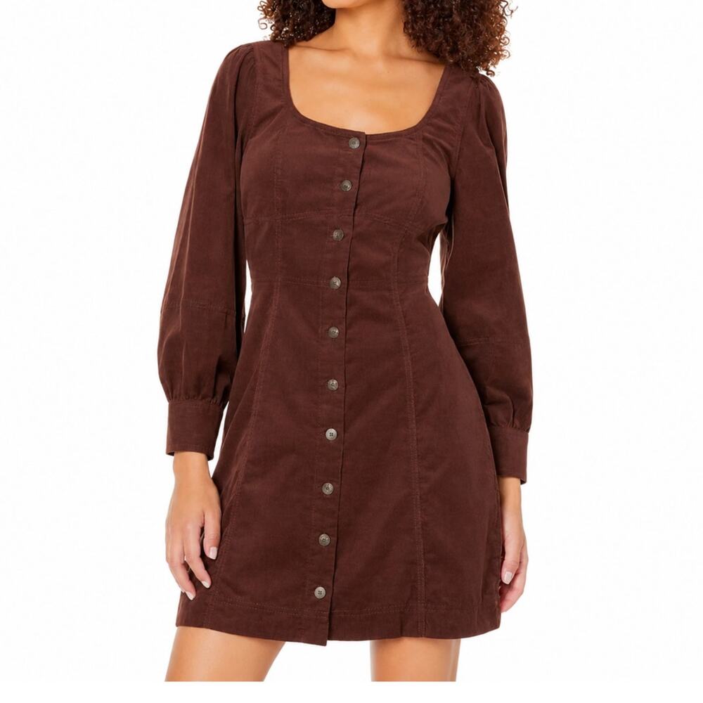 Madewell Plus Corduroy Seamed Mini Dress 14W Brown NWT Puff Sleeve Button Front